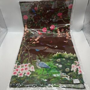 Silk scarf 18 X 18 square brown nature scene birds butterflies garden motif NWT